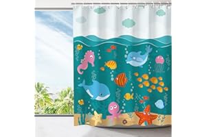 RosieLily Kids Fish Shower Curtain, Ocean Animal Shower Curtain with Dolphin & Jellyfish, Waterproof Fabric with 12 Hooks, 72W x 72H