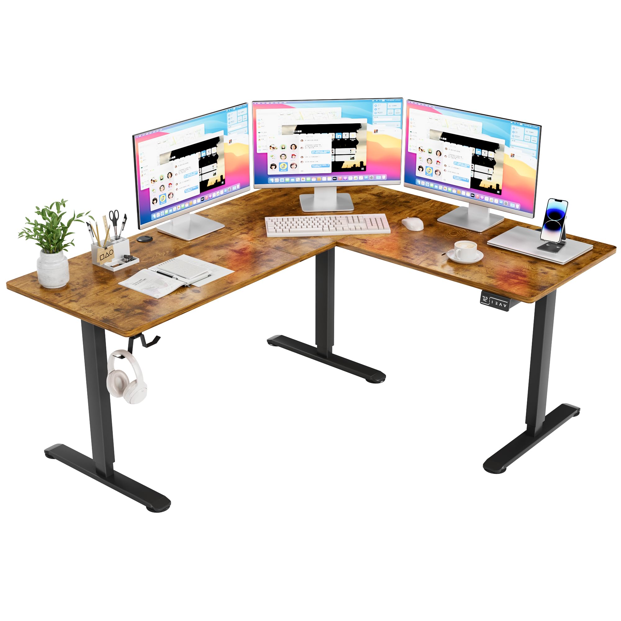 Photo 1 of **FOR PARTS ONLY ** Furmax 63 x 55 Inch L Shaped Standing Desk with 2 Preset Heights, Electric Height Adjustable Computer Table, 2 Hooks & Feet Balance, Corner Sit Stand Desk for Home Office (Rustic Brown)