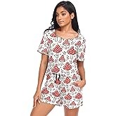 Fustylead Women Pajamas Cute Flower Floral Print 2 Piece Loungewear Variety of Background Short Sleeve PJs with Pockets S-XXL