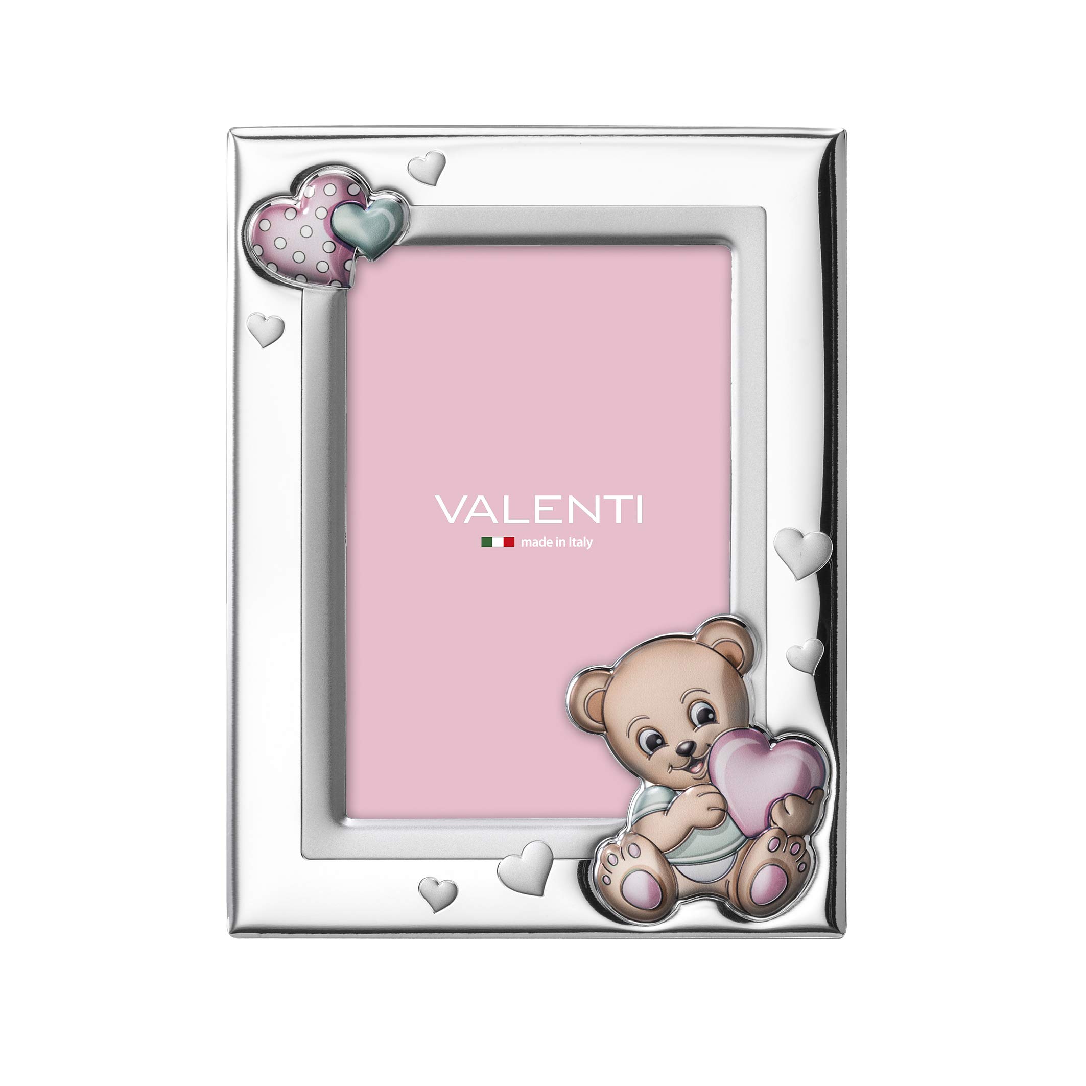 Valenti&Co - Silver Photo Frame with Bear Detail Colour Painted Table or Bedside Table for Children's Bedroom Perfect Gift Idea for Baptism or Birthday