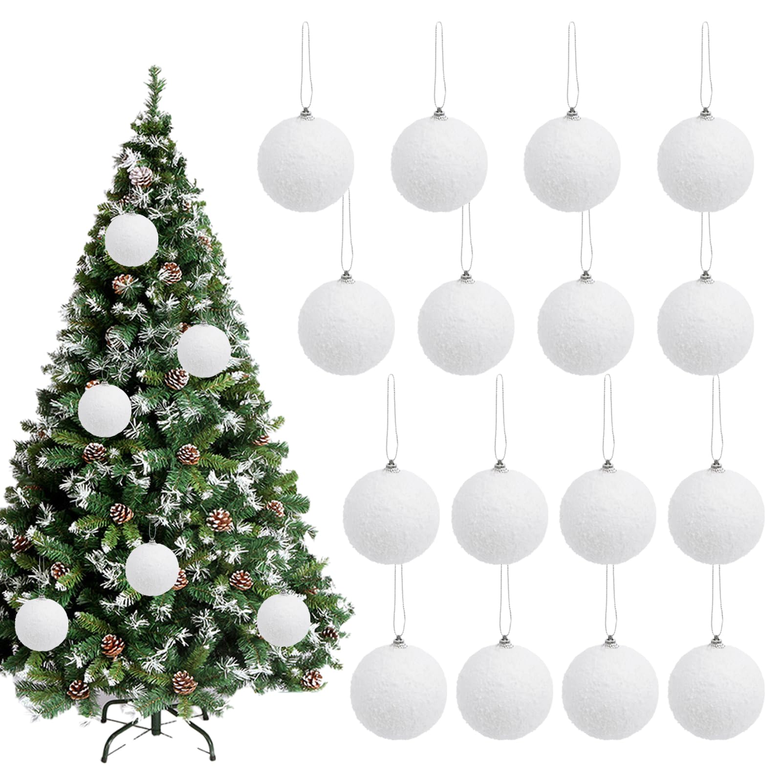 HO2NLE 12pcs White Christmas Baubles - 8cm Shatterproof Glitter Snow Ball Xmas Hanging Pendants for Christmas Tree & Party Decoration