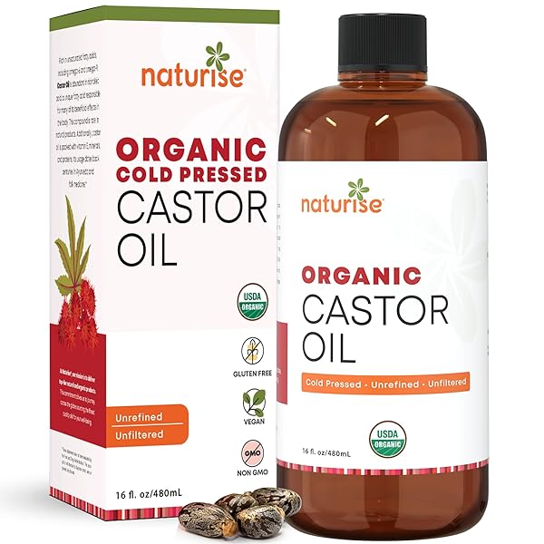 NATURISE USDA ORGANIC CASTOR OIL FOR HAIR GROWTH – PURE CASTOR OIL ORGANIC COLD PRESSED & UNREFINED IN GLASS BOTTLE – VEGAN, NON-GMO OILS FOR EYELASH, EYEBROW, HAIR, SKIN & FACE SUPPORT (16 FL. OZ.)