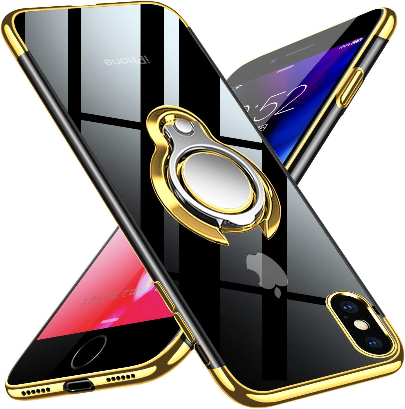 kadixini iPhone XS,iPhone X Case,Crystal Clear with 360 Degree Magnetic Ring Holder Kickstand, Magnet Car Holder Cover for iPhone XS/X Golden