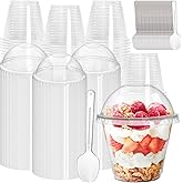 Coloch 100 Pack 9Oz Clear Dessert Plastic Cup with Dome Lid and Spoon, Disposable Crystal Parfait Cup, Fruit Container for Fr