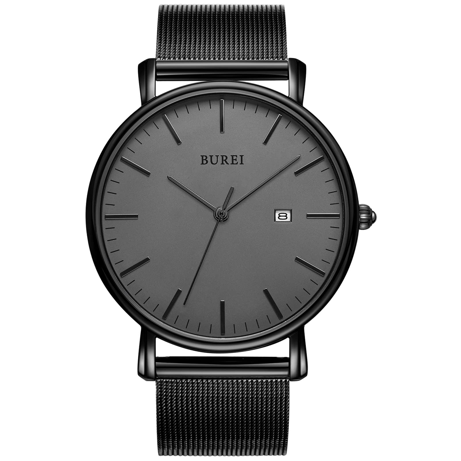 BUREI Men's Watches, Classic Analogue Dial with Date Japanese Quartz and Ultra-Thin Stainless Steel Mesh Band (Black, Stainless Steel)