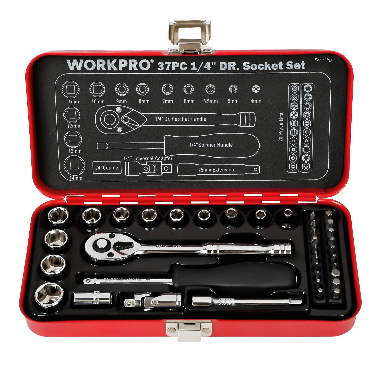 WORKPRO ソケットレンチセット ガレージツールセット ラチェットレンチ 差込角6.35mm（1/4インチ） クイックリリースラチェットハンドル 工具 道具 セット 37点組【鉄製ケース付属】商品画像
