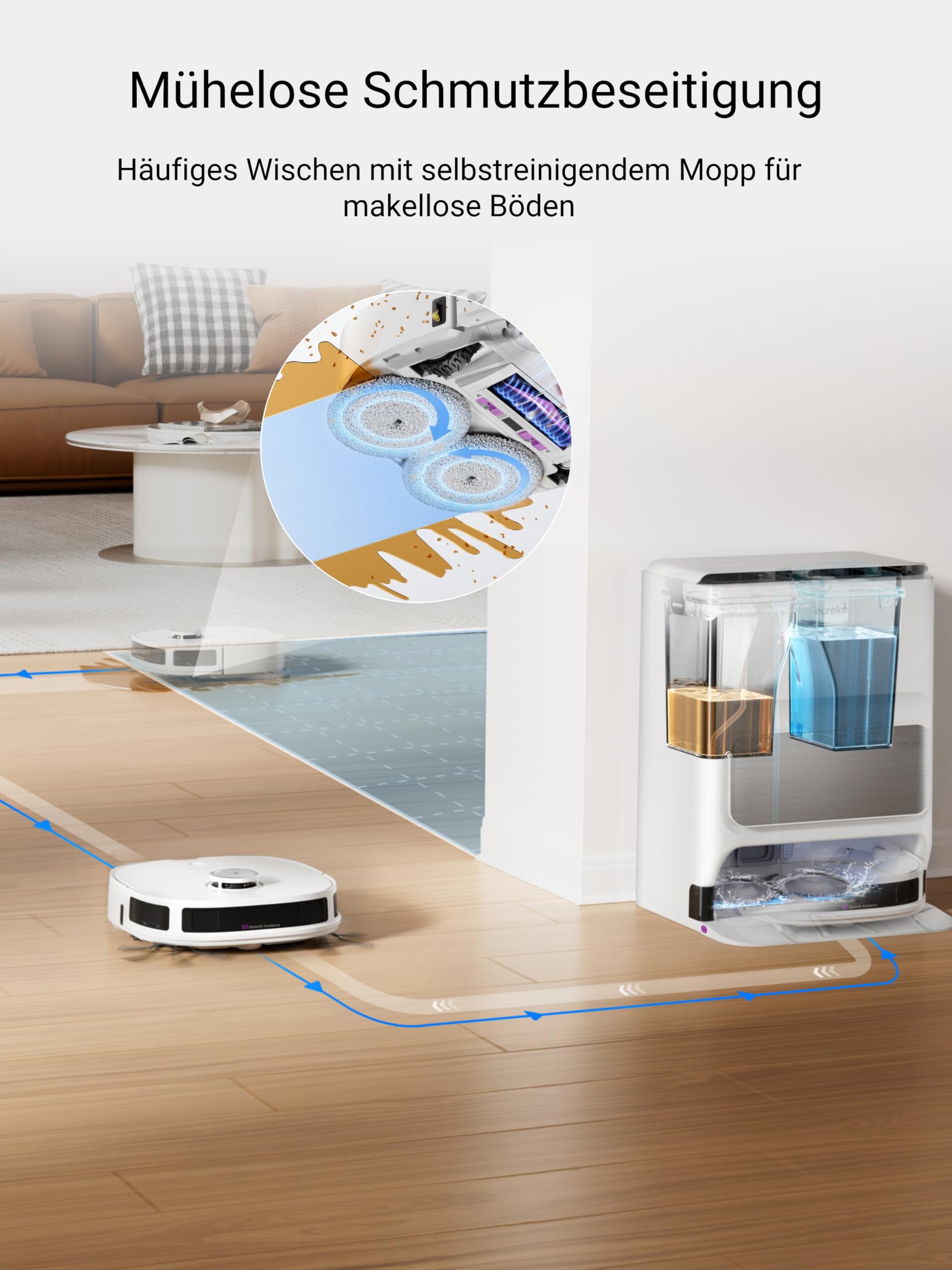 Eureka J12 Ultra Roboterstaubsauger mit Wischfunktion (Selbstentleerung, Wasch- und Trocknung), 5000Pa Saugkraft, Rotierende Wischfunktion, Dual-LiDAR Navigation, 3D KI-Hindernisvermeidung 3