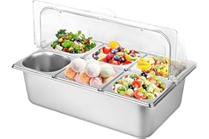 Julymoda Countertop Food Serving Display Container with Clear Lid, Stainless Steel Serving Tray Catering Supplies Buffet Display Condiment Container for Restaurant Hotel Kitchen (6 Pan)