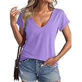 Micticsi Womens Deep V Neck Short Sleeve T Shirts Casual Loose Fit Shirt Sexy Summer Tops Folded Sleeves Basic Tee 2025