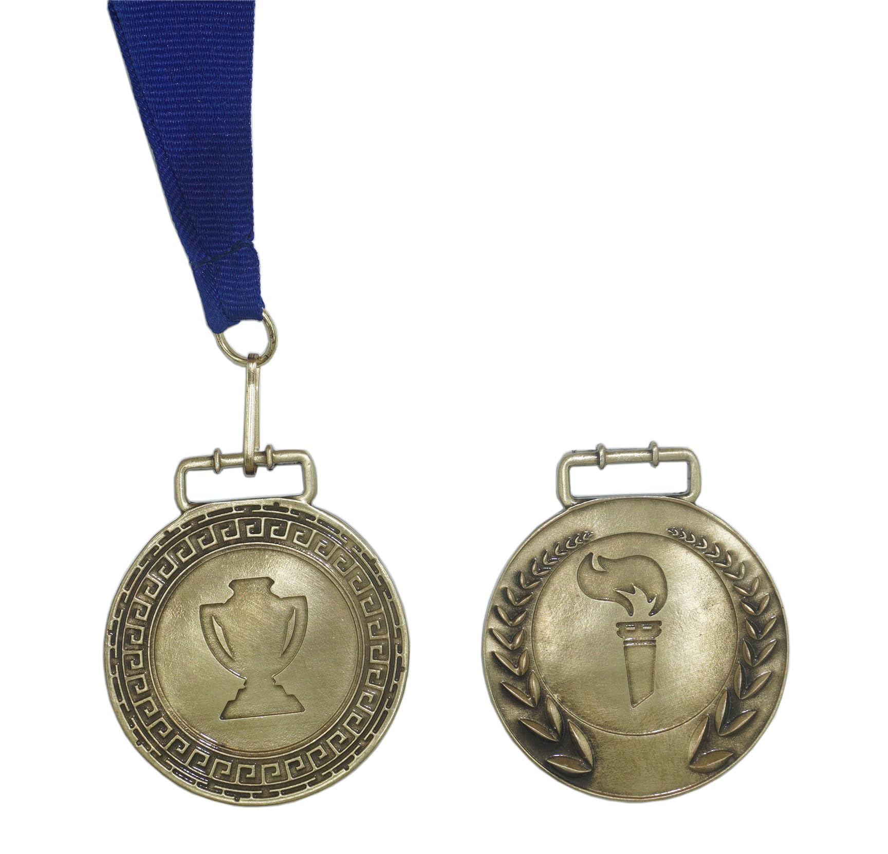Torch symbol medal for sports awards with blue ribbon. BRONZE plated metal. Diameter 1,88 in. Handmade Italian Craftsmanship.
