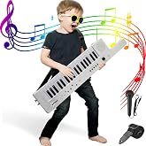 QShark Portable Electronic Keytar Toys Gifts for Boys Girls Age 3+, White | Rechargeable Karaoke Piano Keyboard with Microphone &amp; Carry Strap, 4 Tones, 4 Rhythms, 10 Demo Songs