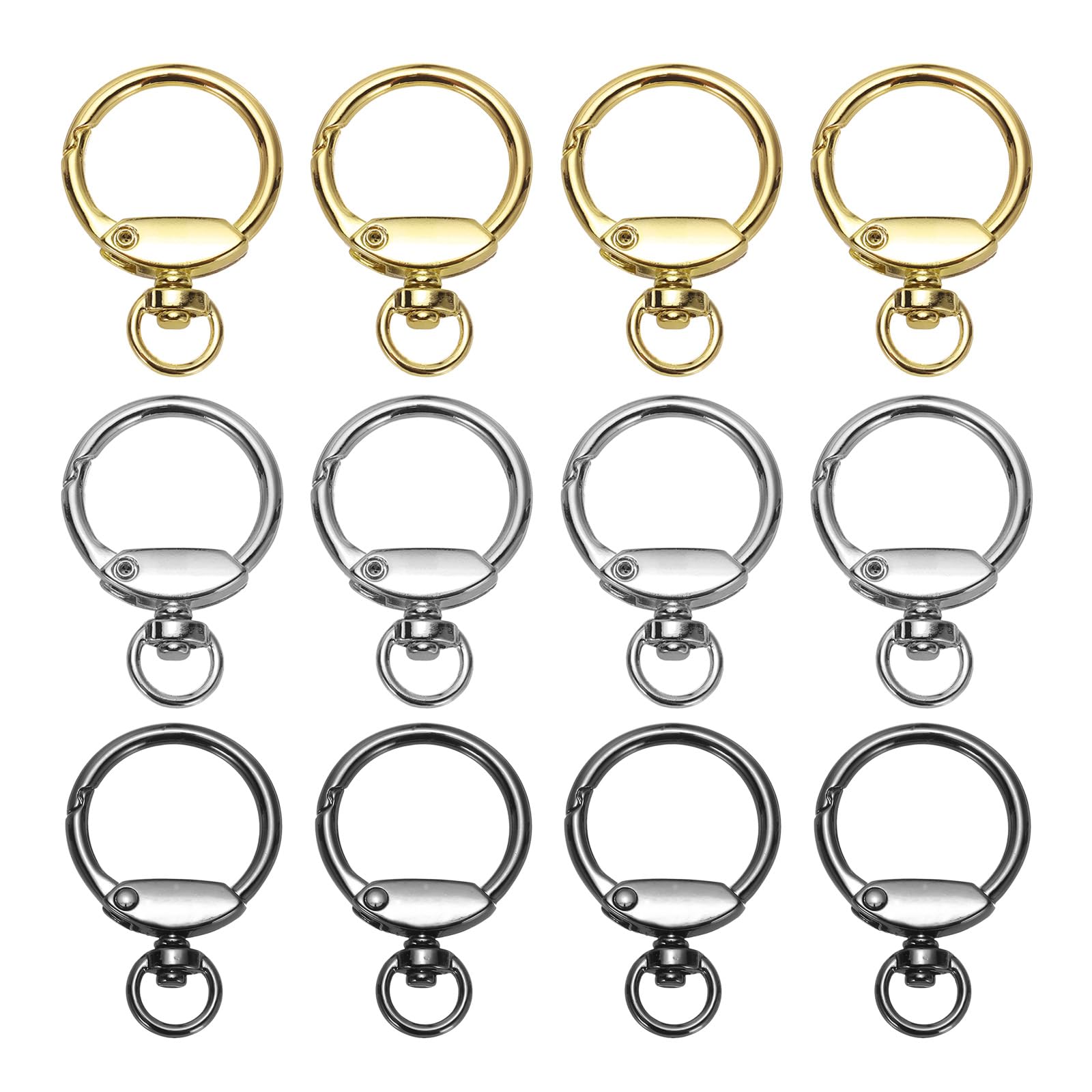PATIKIL Round Spring Snap Hooks, 12 Pcs Spring O Rings Zinc Alloy Swivel Ring Trigger O Rings Buckle for Purse Handbag DIY Accessory, Black, Gold, Silver
