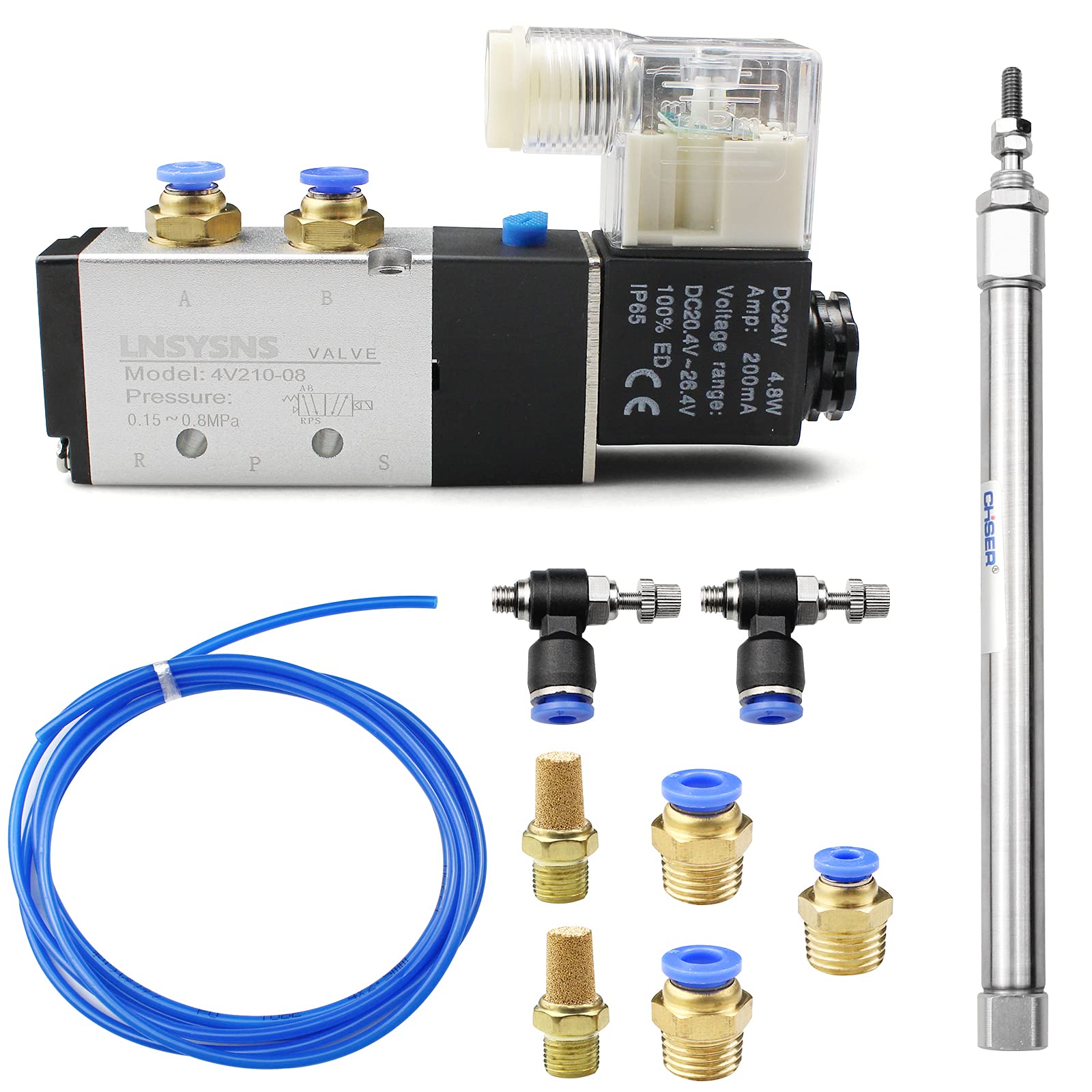 Suaywo Electric Pneumatic Solenoid Valve 5 Way 2 Position CE and Double Acting Thin Air Cylinder, Blue PU Pneumatic Hose, Pneumatic Muffler, Air Hose Fitting