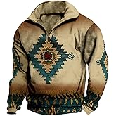 Bengbobar Western Cowboy Sweatshirts for Men Ethnic Retro Aztec Printed Hoodie Long Sleeve Western Jackets for Men