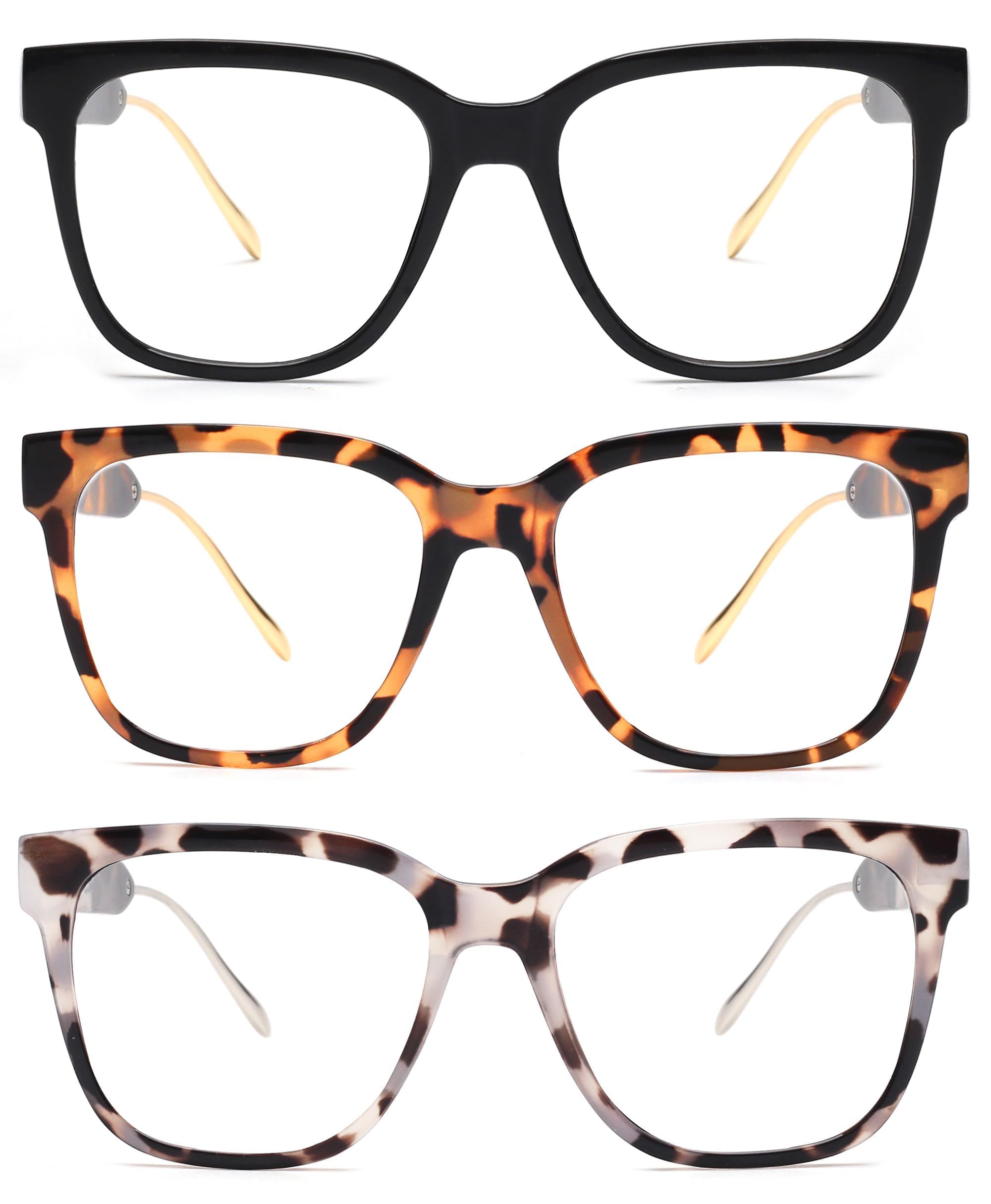 JM Oversized Reading Glasses Women - 3 Pack Large Square Blue Light Blocking Readers Glass for Ladies Men/W Spring Hinge +2.25