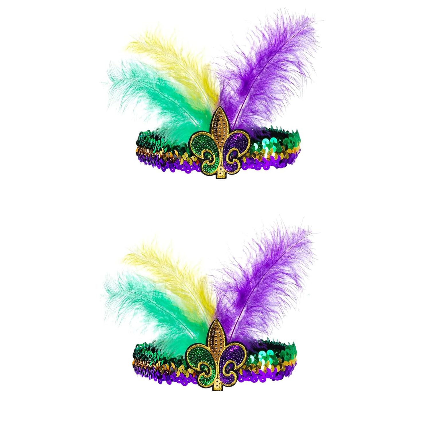 MEISH Mardi Gras Headband Sequin Faux Feather Fascinators Headpieces Masquerade Mask Party Fleur De Lis Hair Band for Women Girls(4)