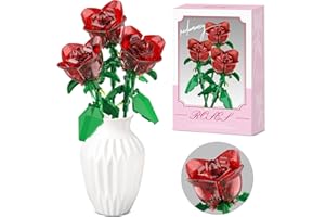SOPU Rose Flowers Bouquet Building Decoration Set Compatible with Lego Flowers, Artificial Flowers for Home Décor, Roses Botanical Collection Women Mens Gifts Ideas for Christmas Stocking Stuffers (Red)