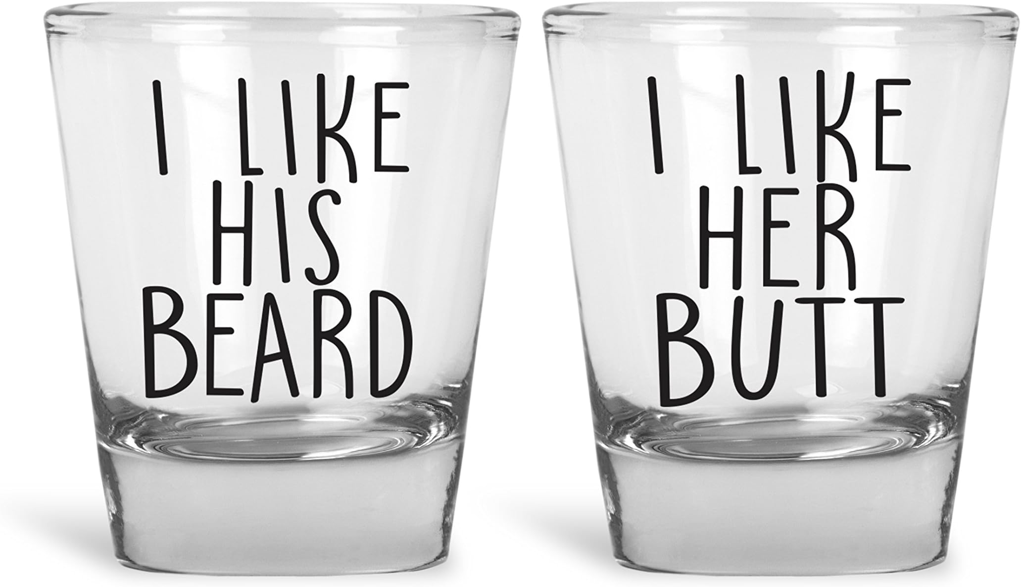 I Like His Beard, I Like Her Butt Funny Novelty Couples Shot Glasses | Set of 2 Shot Glasses | Great for Bride, Groom, Husband, Wife, Boyfriend, Girlfriend and Couples by Mad Ink Fashions
