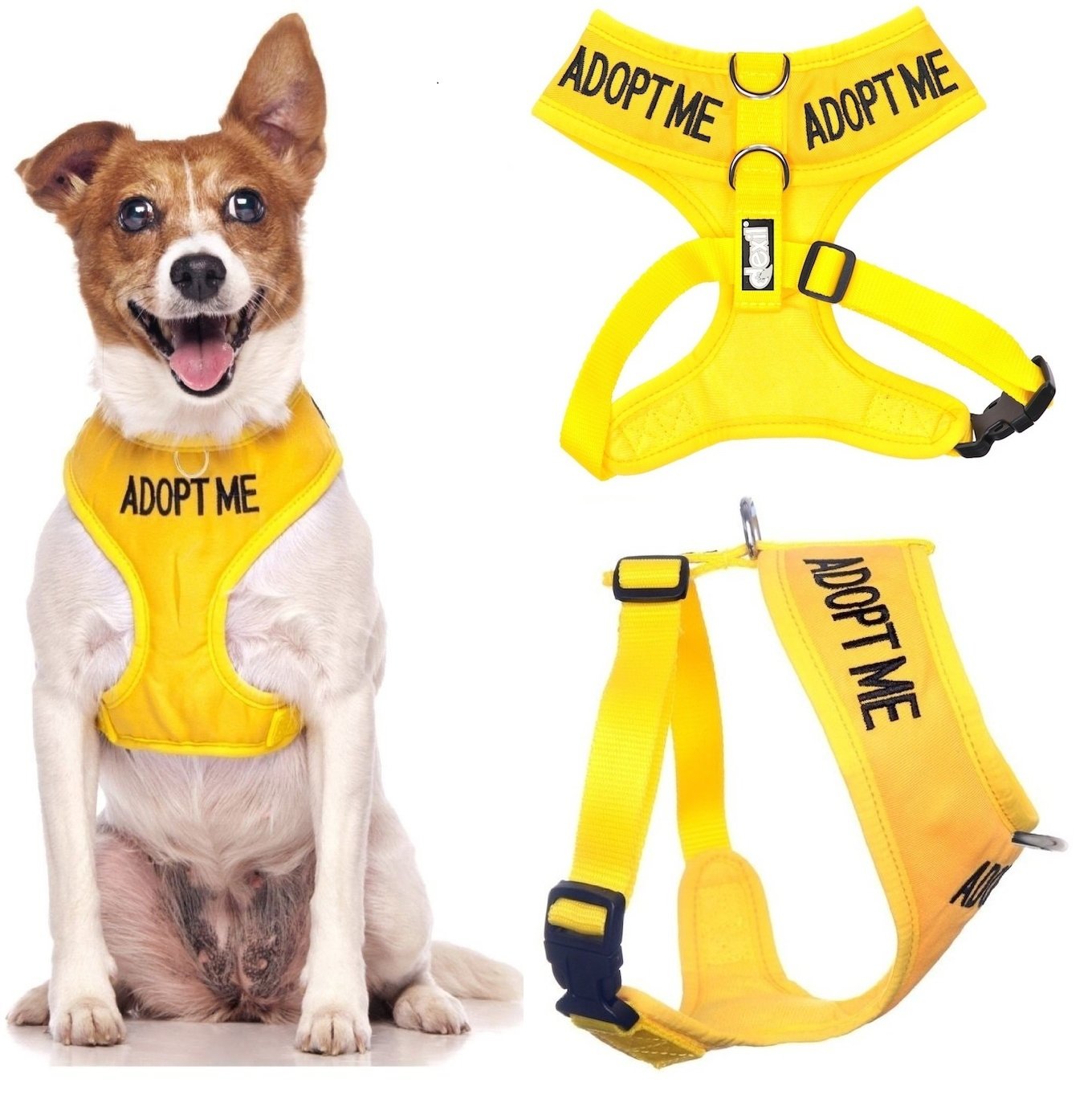 Dexil ADOPT ME (I Need A New Home) Yellow Colour Coded Non-Pull Front and Back D Ring Padded and Waterproof Vest Dog Harness PREVENTS Accidents By Warning Others Of Your Dog In Advance (S) โ image 1
