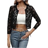 OYOANGLE Women's Lace Mesh Open Front Cropped Cardigans 3/4 Sleeve Dressy Jackets