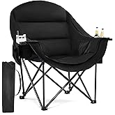Oversized Camping Chairs for Adults - Heavy Duty Padded Outdoor Folding Lawn XL Camp Chair with Cup Holder Cooler Pockets for Outside Sports Beach Fishing Garden Portable Supports 500lbs, AllBlack