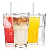 Haundry 20 oz Ribbed Glass Tumbler with Lids and Straws, 4 Pack Iced Coffee Cups, Thickened Glassware Set, Ripple Design Glass Cups for Coffee, Soda, Smoothies, Cocktails and Juice