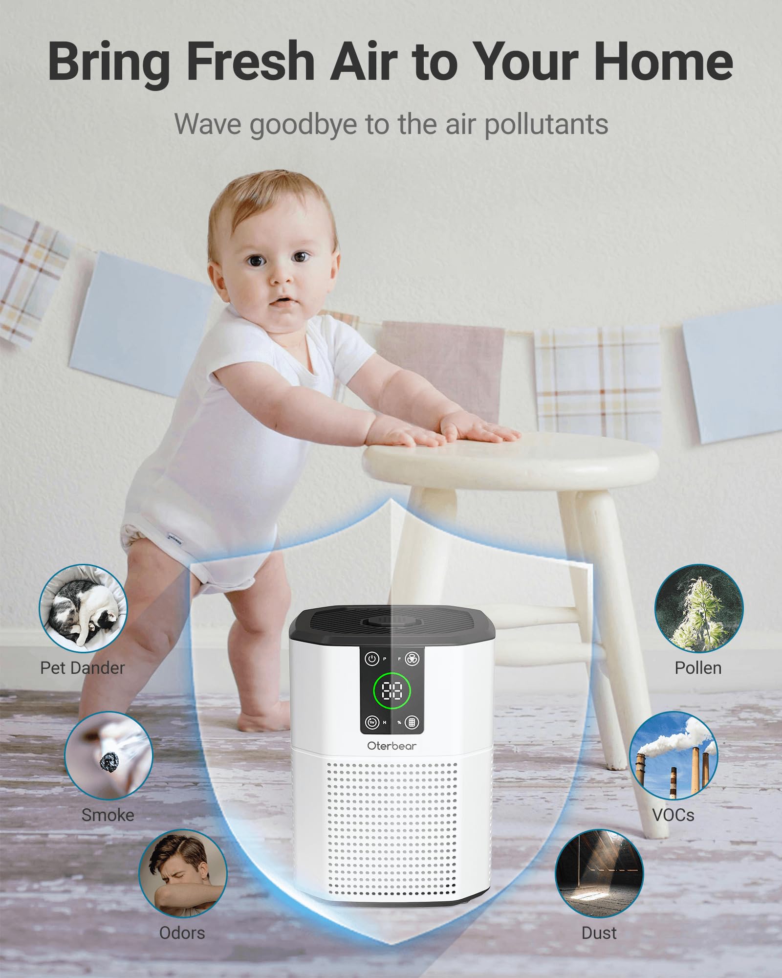 Air Purifiers for Bedroom Home Up to 1350 Ft², Oterbear Room Air Cleaner with H13 True HEPA Filter with Sleep Mode, Aroma Function, Ambient Light, Remove Dander Smoke Pollen Odor, White
