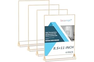 Sezanrpt 8.5x11 Vertical Acrylic Sign Holder with Gold Boarder 4 Pack, Clear Menu Holder for Tabletop, Restaurant Retail, Paper Holder, Picture Frame, Certification Frame (8.5x11 - Vertical)