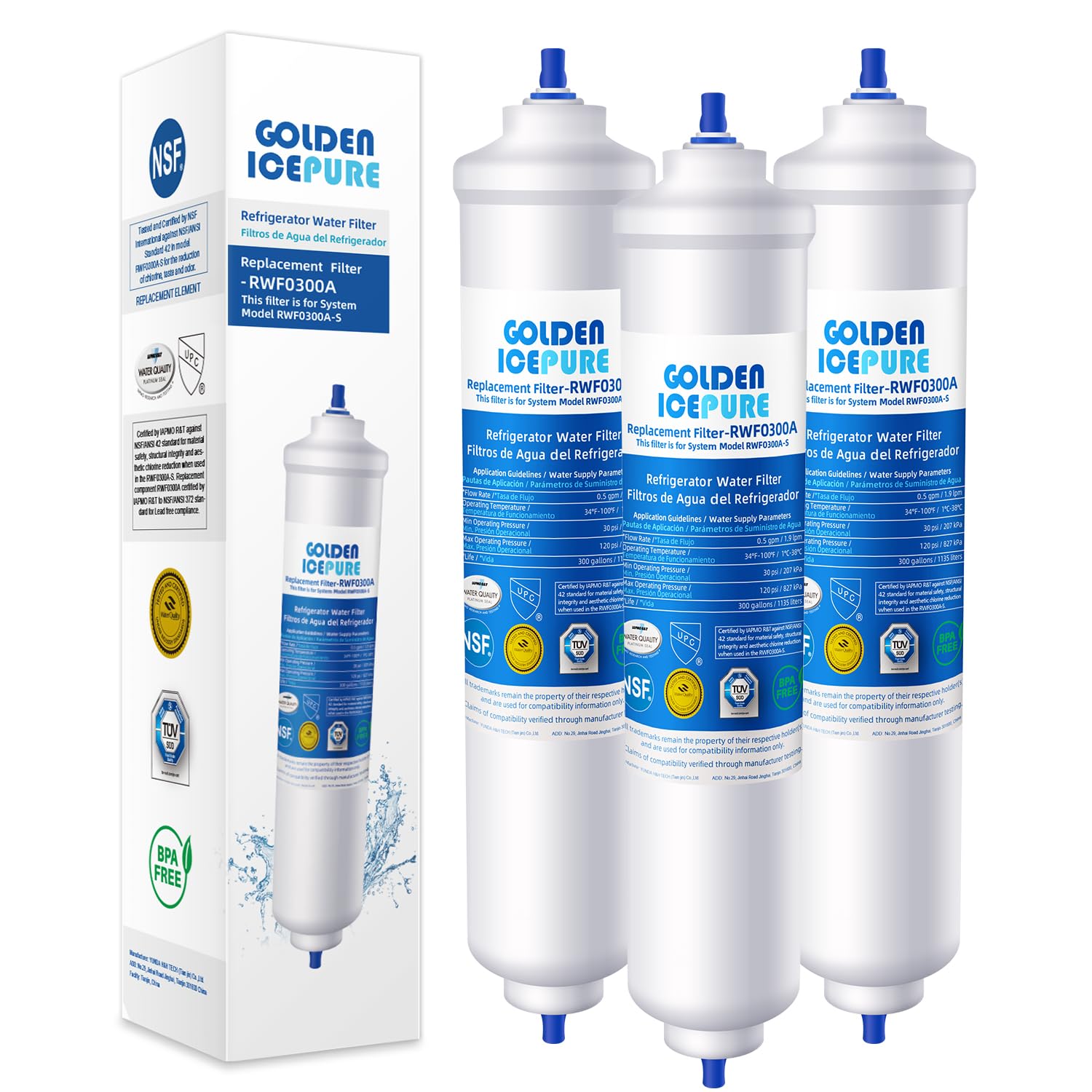 GOLDEN ICEPURE Refrigerator Water Filter Compatible with Samsung DA29-10105J, DA29-10105J HAFEX/EXP, DA99-02131B, WSF-100, EF9603, HAIER LG Inline Refrigerator, 3 Pieces
