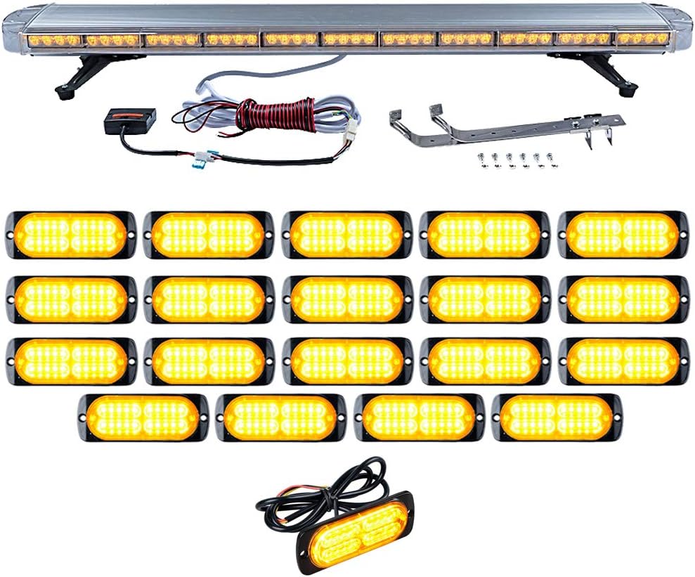 Set 1pc 51" 96-LED 96W Emergency Warning Security & 20pcs Super Thin 20 LED Construction Hazard Dash Grille mini Strobe Light Bar Tow Truck Respone (AMBER)