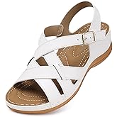 TEMOFON Flat Women Sandals Wide: Black Brown White Leather Summer Sandal - Rubber Sole - Dressy Comfortable Walking Sandal Size 5-11