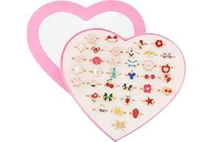 SUNMALL 36 pcs Adjustable Rings in Box, No Duplication, Children Kids Little Girl Pretend Play and Dress up Jewelry Set with Heart Shape Display Case, (A)