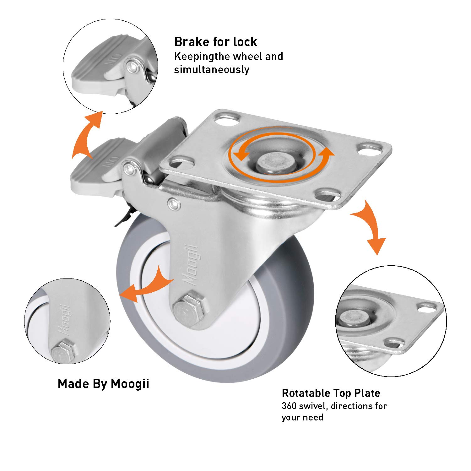 Moogiitools 5" TPR Swivel Rubber Casters Wheels with Safety Dual Locking Heavy Duty 1500lbs (Set of 4 with Brake): Industrial & Scientific