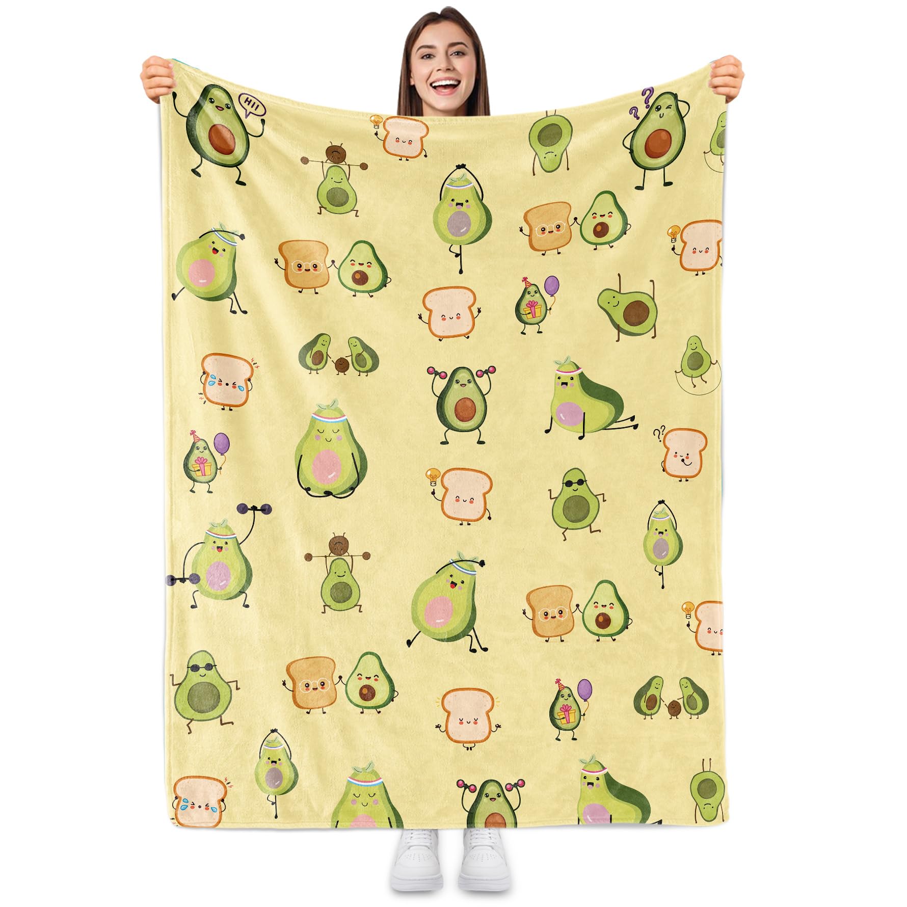 Sowide Avocado Blanket, Comfy Blanket Throw Gifts for Lovers, Soft Lightweight Green Yellow Sports Baby Toast Flannel Cute Fuzzy Plush Kids, Women, Couch, Bedroom, 130x152cm