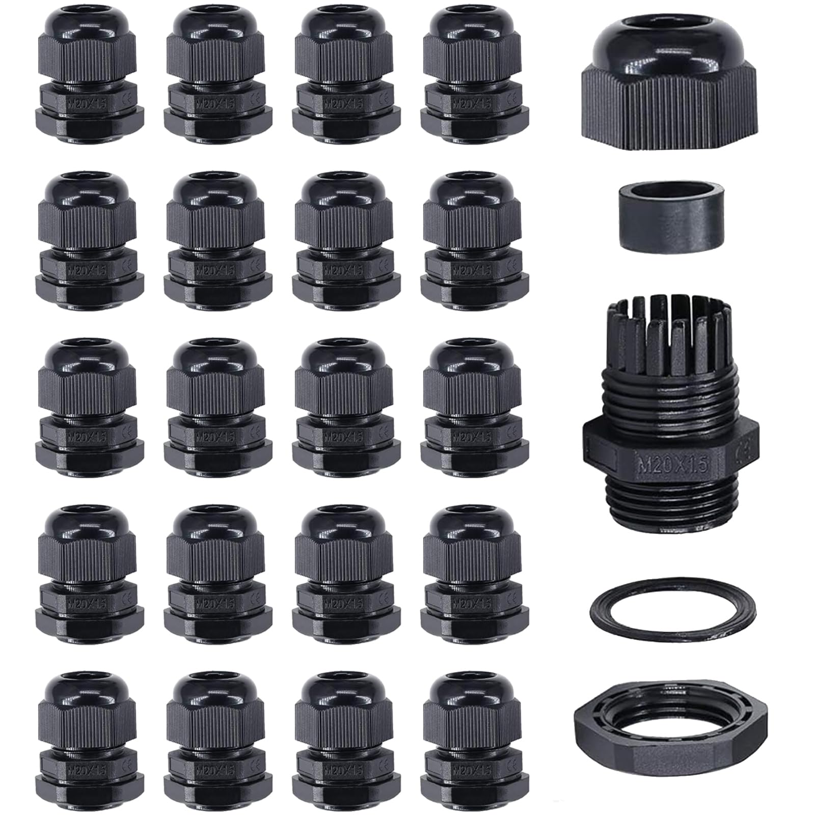 20 Pack M20 20mm IP68 Waterproof Nylon Cable Glands, Waterproof Cable Glands Suitable for 6mm - 12mm Cables,Built-in Waterproof Gasket (Black)