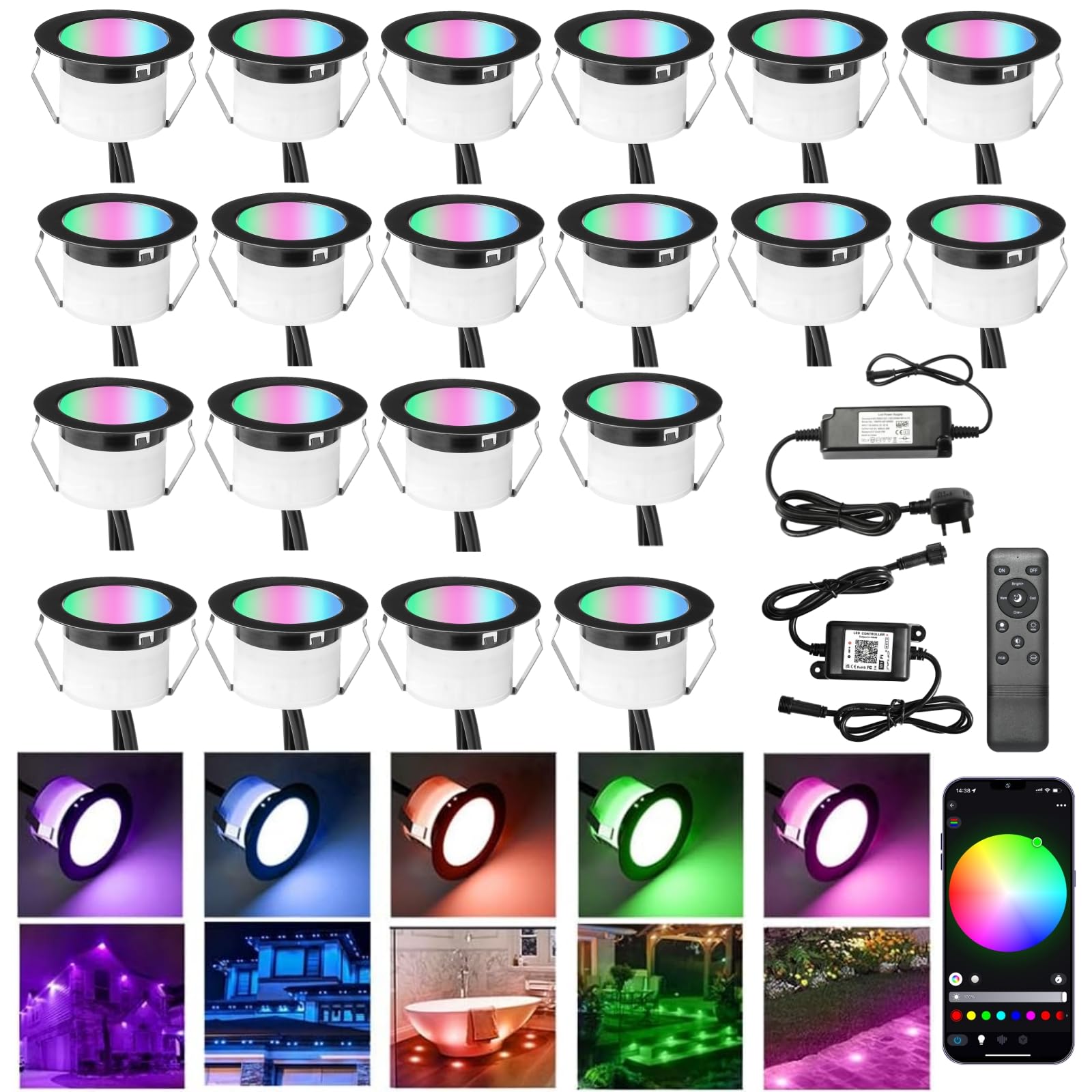 INDARUN RGBW WiFi Led Decking Lights Waterproof IP67 Ø45MM 12V - Bluetooth Led Plinth Lights for Terrace/Patio/Path/Wall/Garden/Decoration, 20 Packs