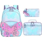 IQUQIXL Kids Backpack for Girls, 3Pcs Butterfly Wings School Backpacks Lunch Box Pencil Case Preschool Lightweight for Girls Age 4-6 (Blue)