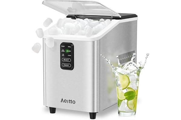 Aeitto Ice Maker Countertop 26lbs/24H, 8 Ice Cubes 2 Sizes of Bullet Ice Ice Machine Ready in 6 Mins, Portable Ice Makers with Basket & Scoop, Auto Self-Cleaning for Home/Kitchen/Office Stainless