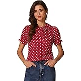 Allegra K Women's Polka Dots Shirt Short Puff Sleeve Vintage Button Up Peter Pan Collar Blouse Tops