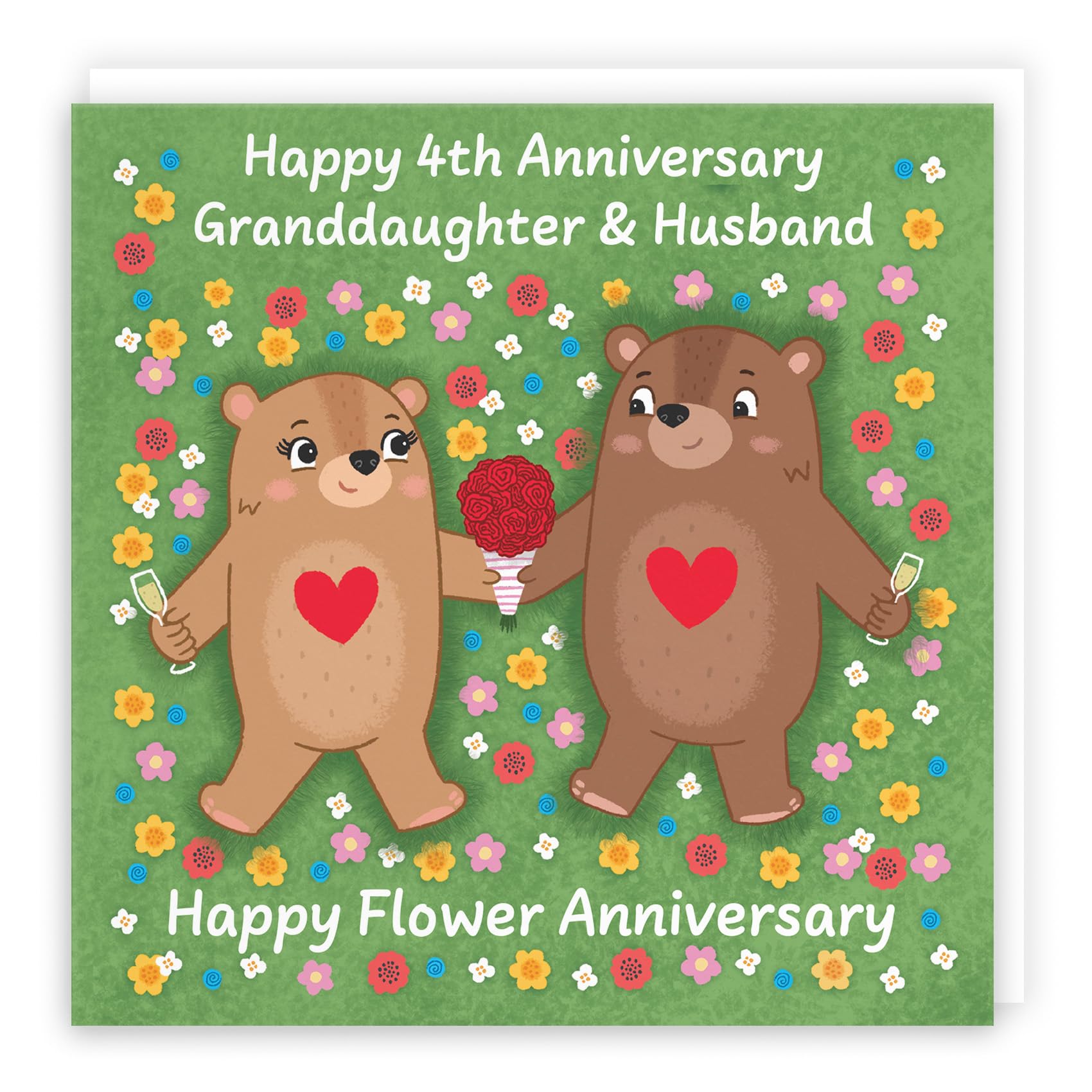 Hunts England - Granddaughter And Husband 4th Anniversary Card - Flower Anniversary - Fourth Anniversary - 4 Years - Cute Fun Bears Card - Love Story Collection
