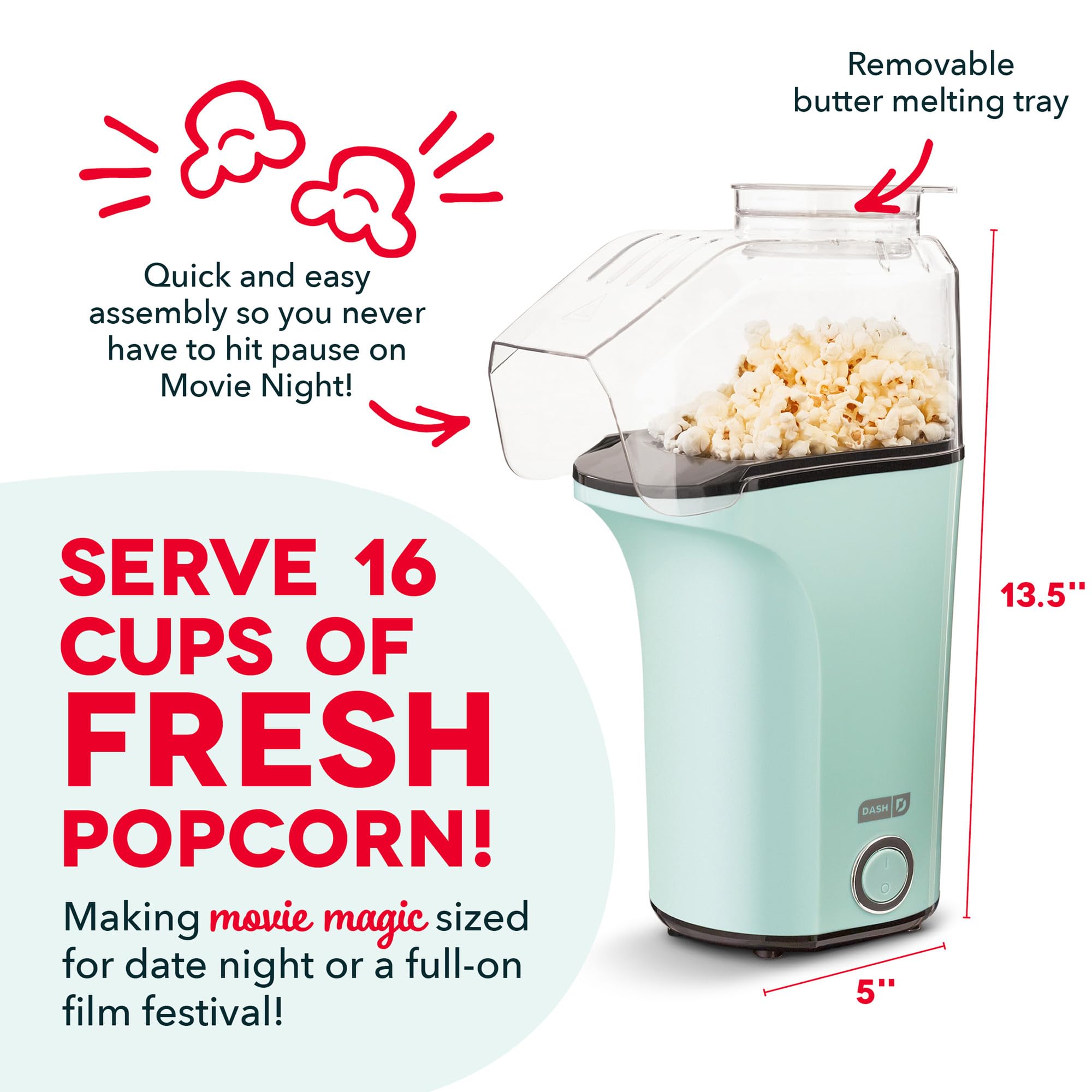 Dash Fresh Pop Popcorn Maker - Oil-Free, Air Popcorn Popper - With Measuring Cup & Recipe Guide - Perfect for Movie Nights - 16 Cups, Aqua