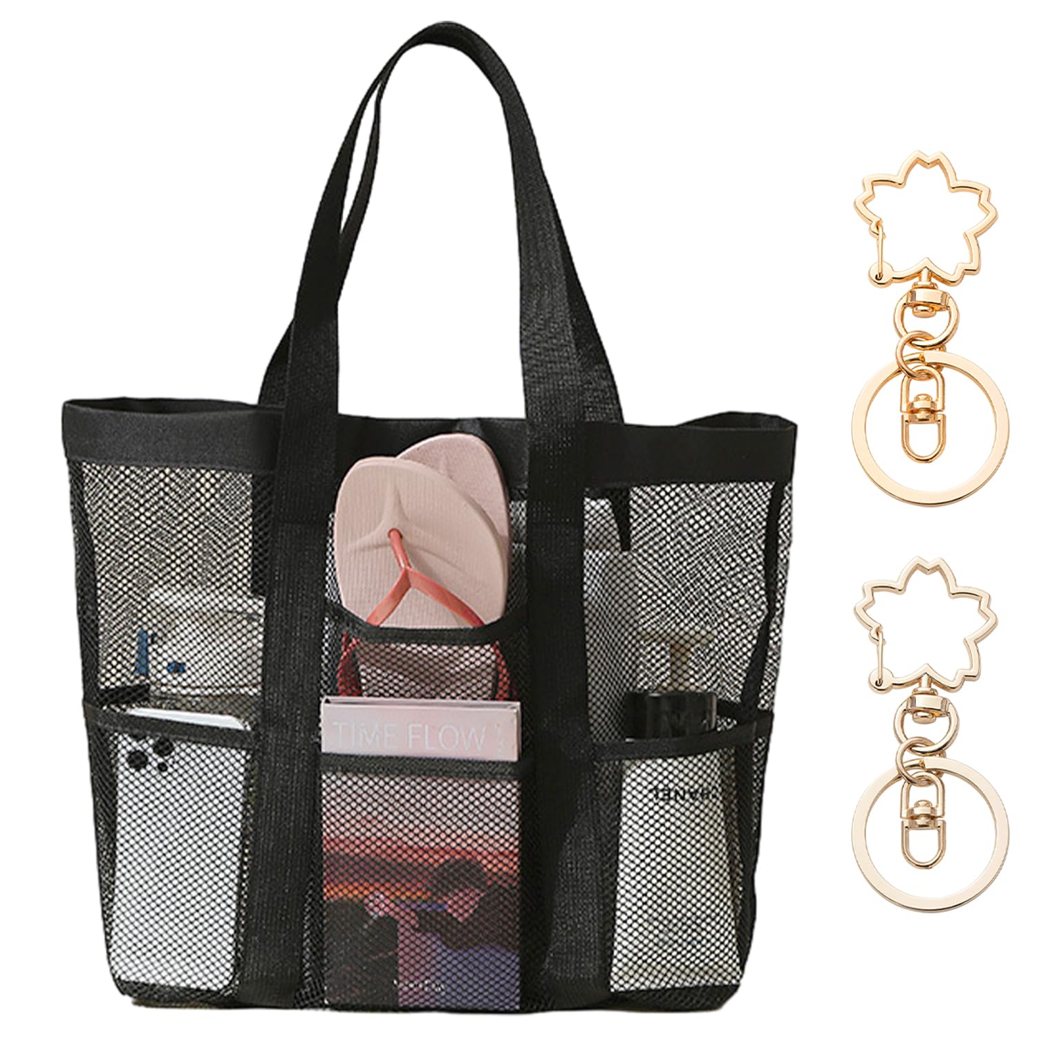 GVSAVY 1 Beach Bag with 2 Cherry Blossom Pendants, Mesh Tote Bag, Foldable Shoulder Bag, Beach Vacation Organizer,Suitable for fitness, yoga shower, shopping