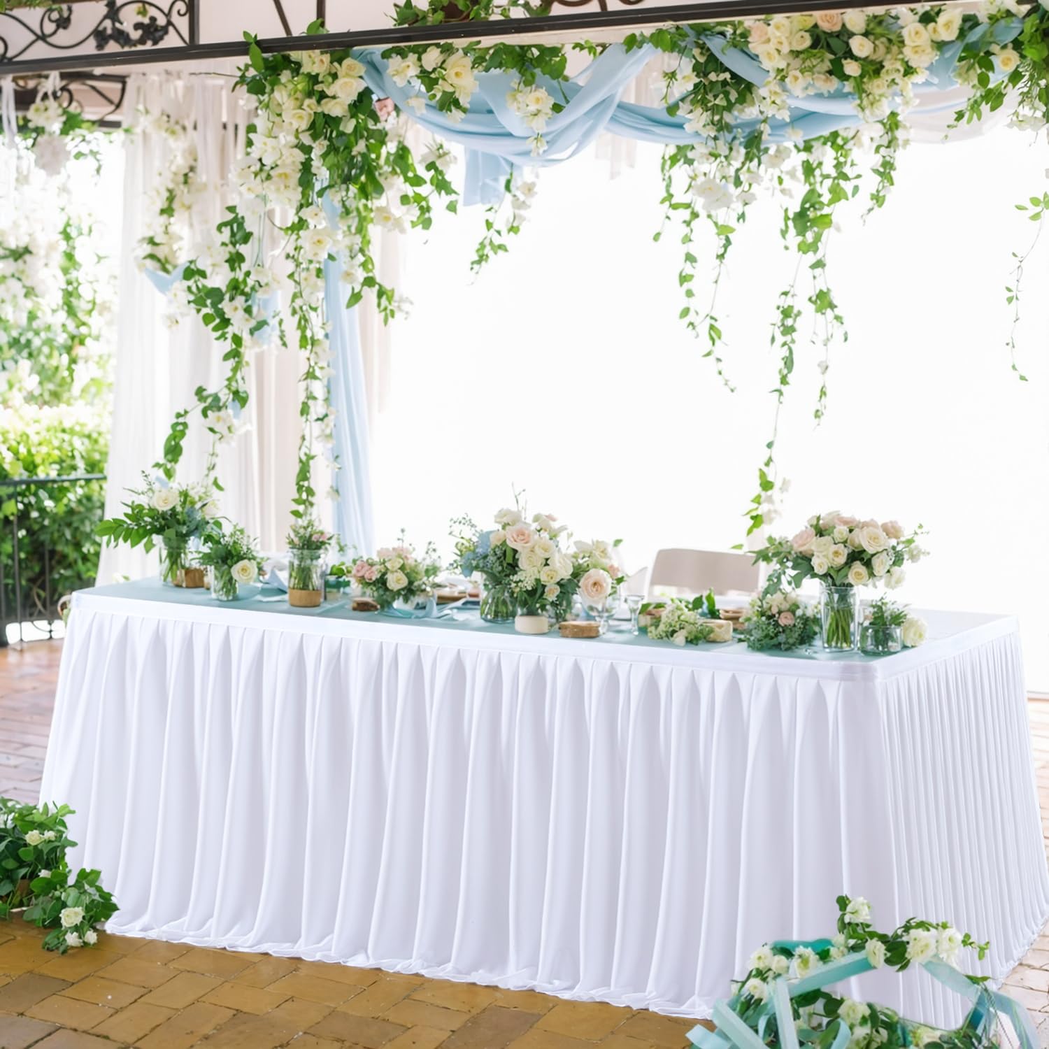 Photo 1 of Partisky White Polyester Table Skirt for Rectangle Tables 9f, Wrinkle Resistant Pleated Ruffle Table Cloth for Birthday Party Banquet Wedding Baby Shower