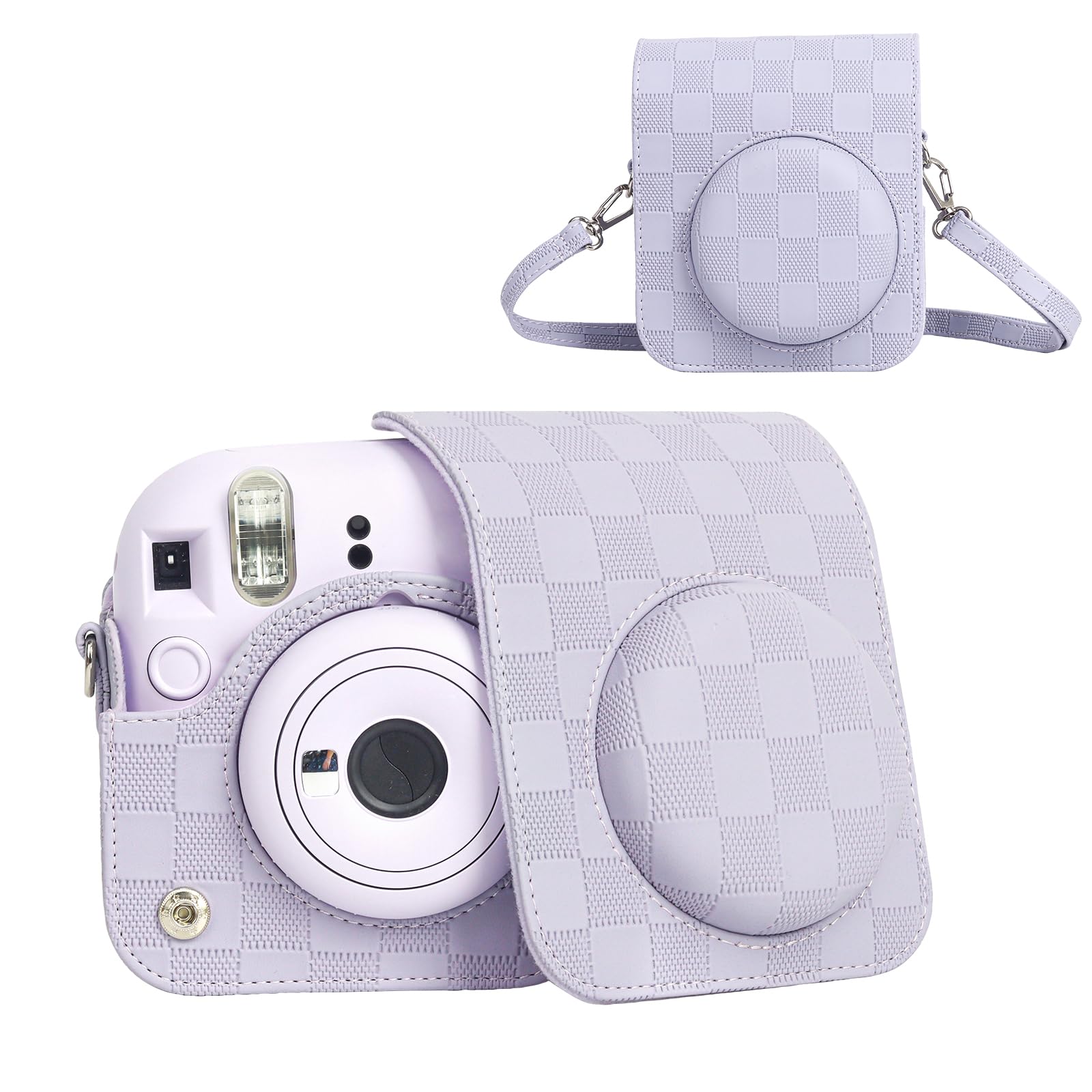 HIYQIN Camera Case Compatible with Fujifilm Instax Mini 12 Instant Camera, Checkerboard Style Camera Carry Bag for Instax Mini 12 with Strap - Lilac Purple