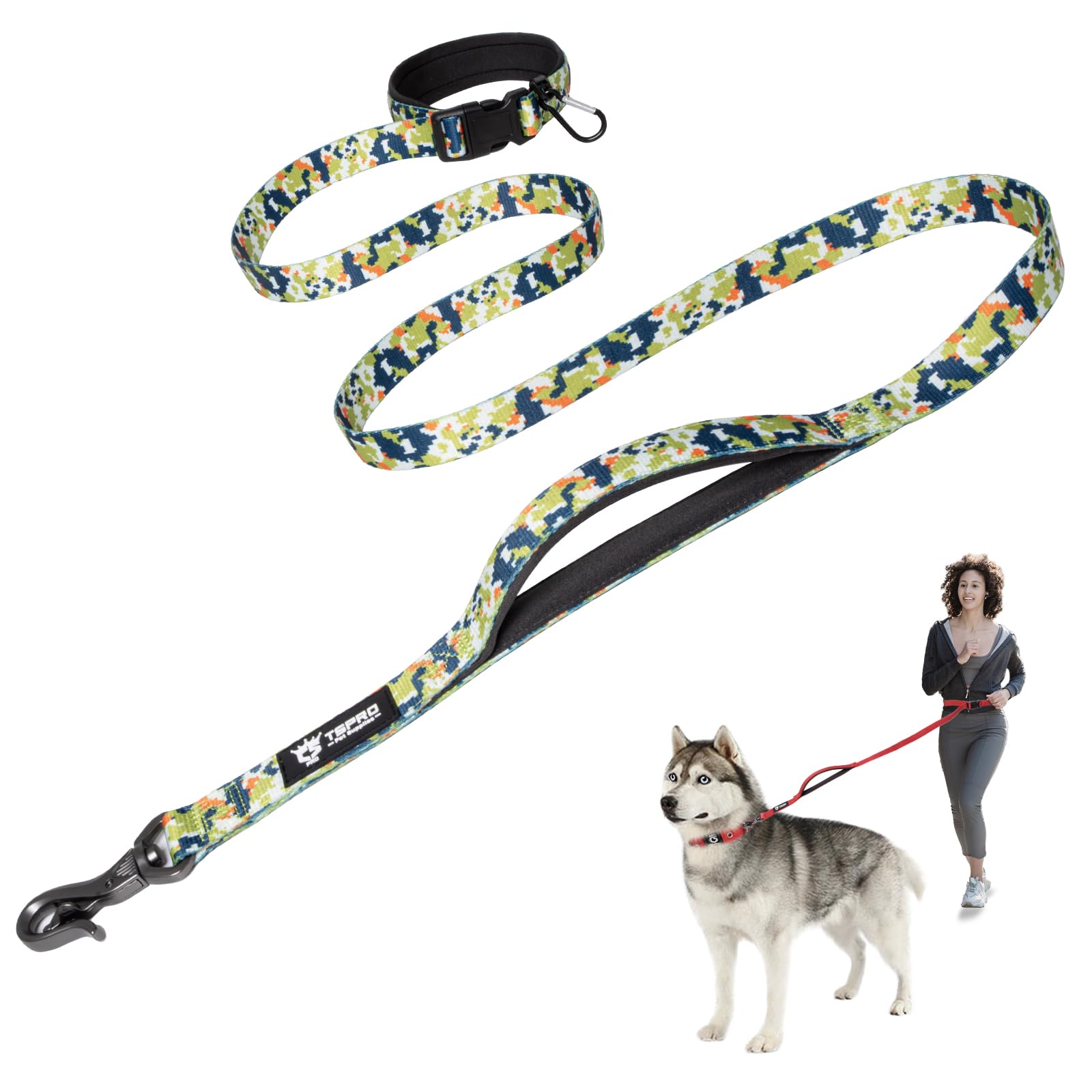 TSPRO Hands Free Dog Lead with Padded Handle & Safety Metal Buckle, Adjustable Durable Lead for Walking & Running, Medium to Large Dogs (Camo Green)