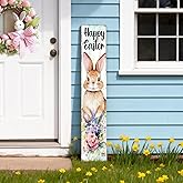Happy Easter Bunny Welcome Sign for Front Door, 47" Wood Framed Porch Sign Easter Rabbit Spring Flower Decorations with Hanging Rope, Farmhouse Yard Signs Home Decor for Outdoor Patio Easter Gift
