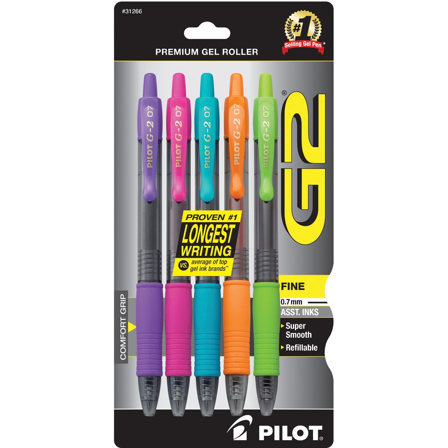 Premium Refillable & Retractable Rolling Ball Gel Pens, Fine Point, Purple/Pink/Turquoise/Orange/Lime Inks, 5-Pack