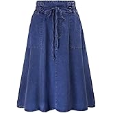 KANCY KOLE Women Casual Denim Skirts Frill Tie Waist A-Line Midi Jean Skirt with Pockets S-XXL