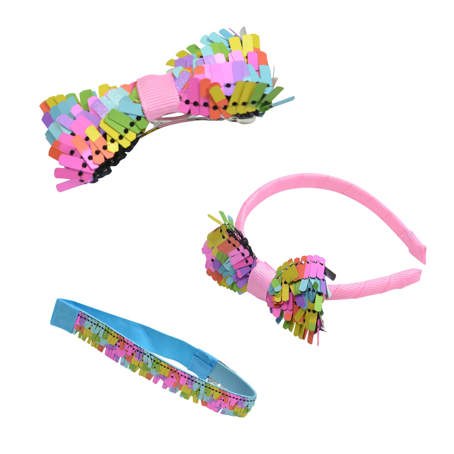 The New York Doll Collection - Set of 3 Rainbow Sequence Doll Hair Accessories - Includes Hair Bow, Soft Headband and Hair Clip for Fashion Girls Dolls - fits All 18 Inch/ 46cm Dolls