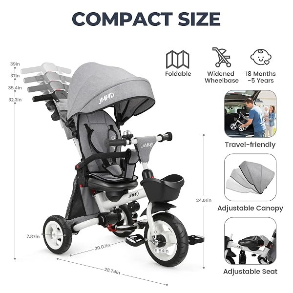 JMMD 8 IN 1 TRICYCLE STROLLER WITH PUSH HANDLE, FOLDABLE TRIKE WITH 360° SWIVEL SEAT, RECLINING BACKREST, ALL-TERRAIN WHEELS, DUAL BRAKES, CANOPY & STORAGE, GIFT FOR KIDS 18 MONTHS TO 5 YEARS, GRAY